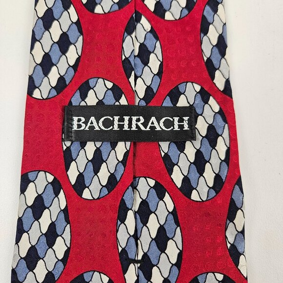 Bachrach All Silk Red Blue White Geometric Pattern Mens Necktie - Picture 4 of 8
